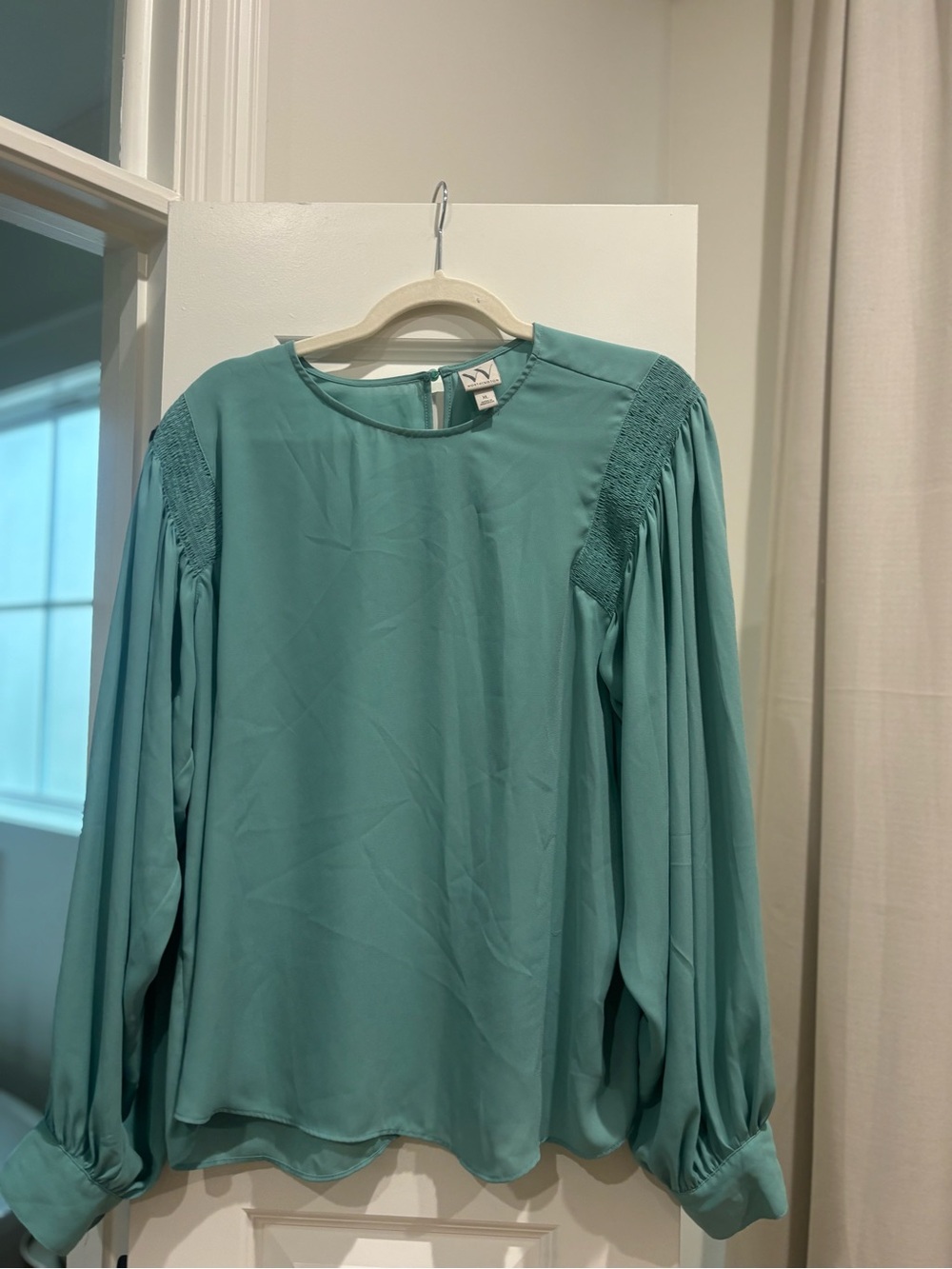 Women's Teal Long-Sleeve Blouse - Lightweight Smocked Shoulder Top